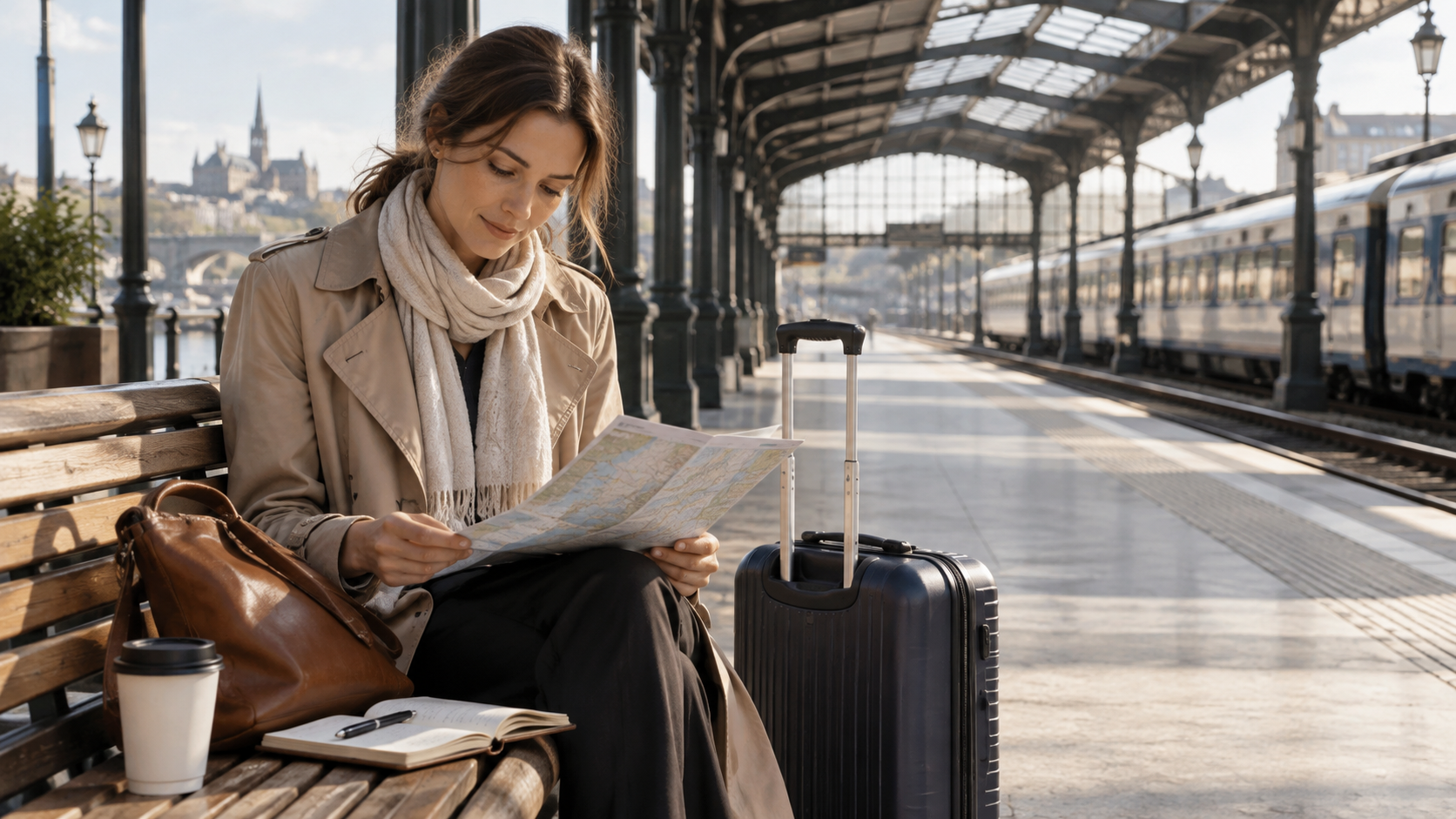 Traveller planning a European rail journey at a station