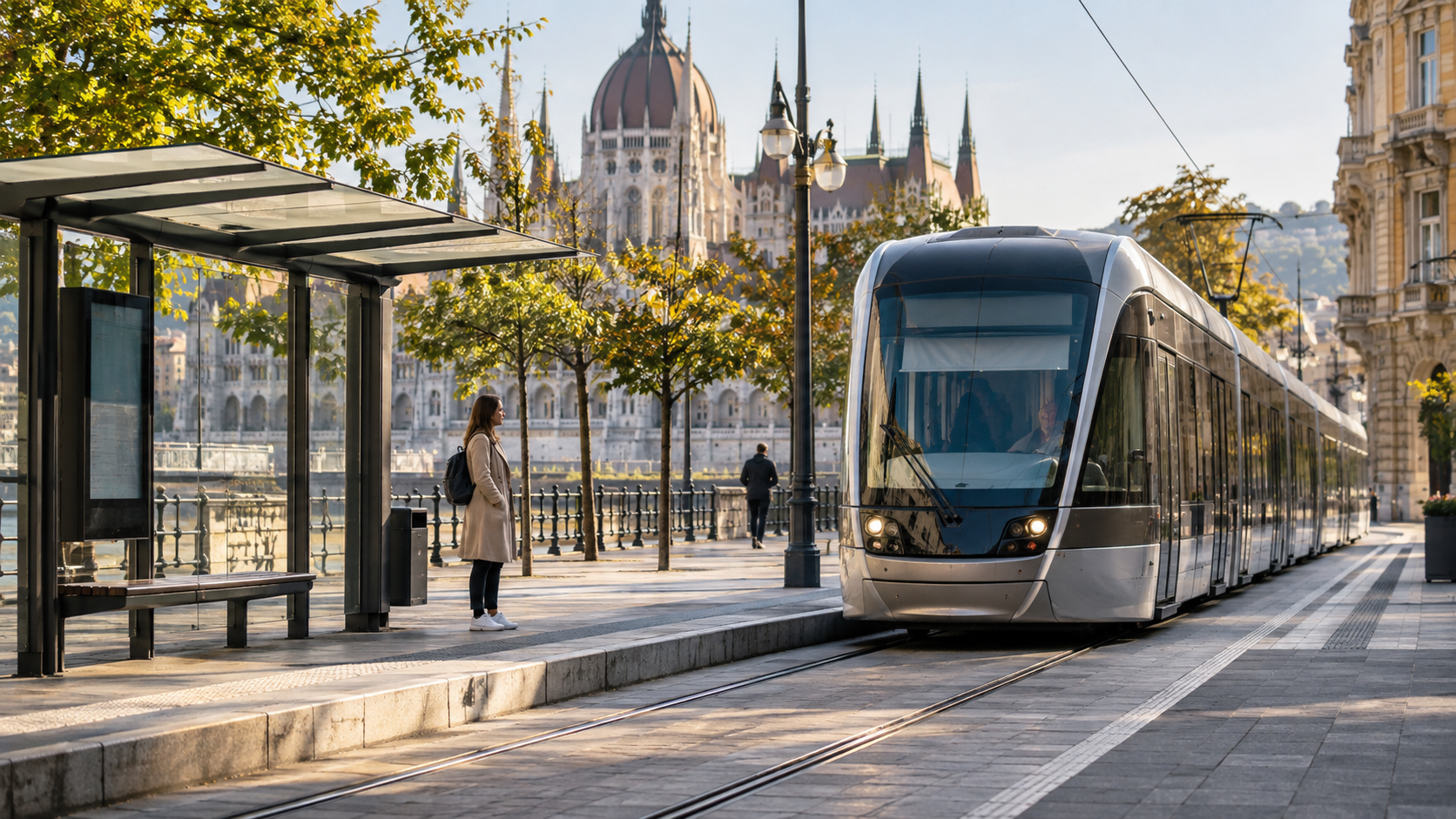 Modern tram and local public transport in a European city