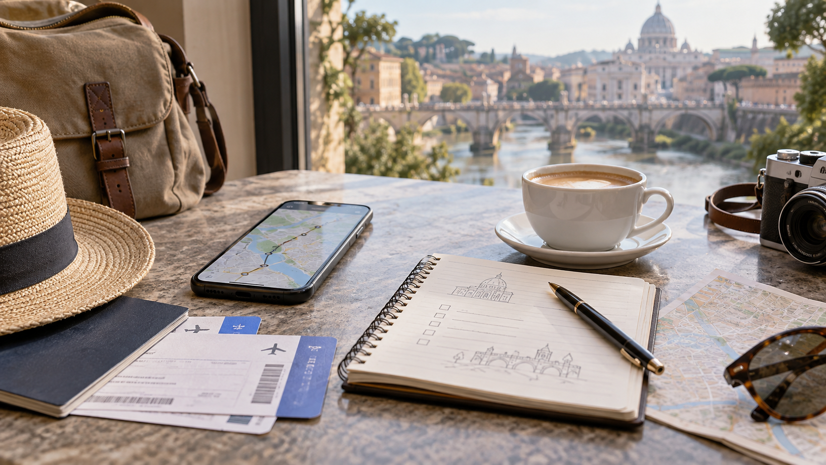 Tickets, notebook and smartphone used to plan European transport