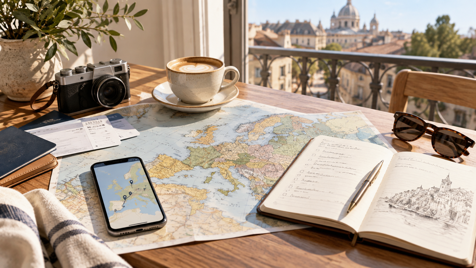 European trip planning with a map and travel essentials