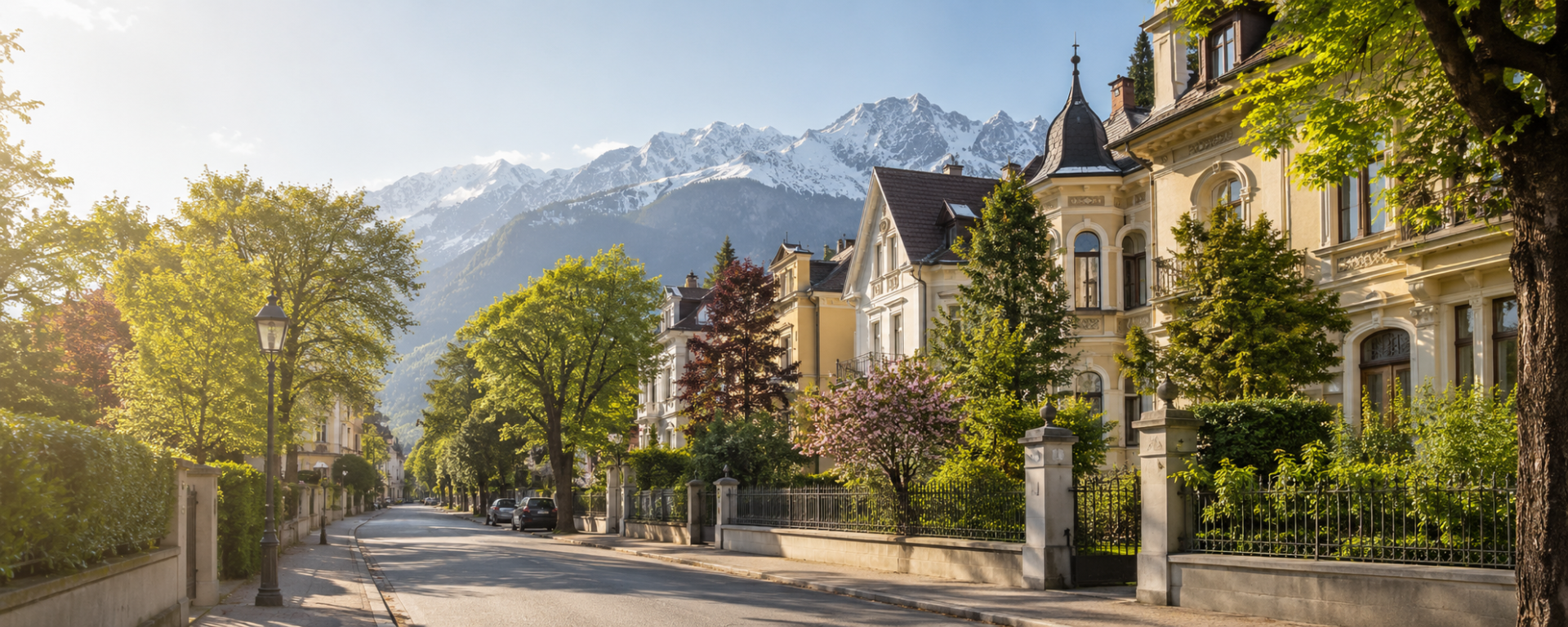Elegant residential street in Saggen, Innsbruck, with villas and mountain backdrop
