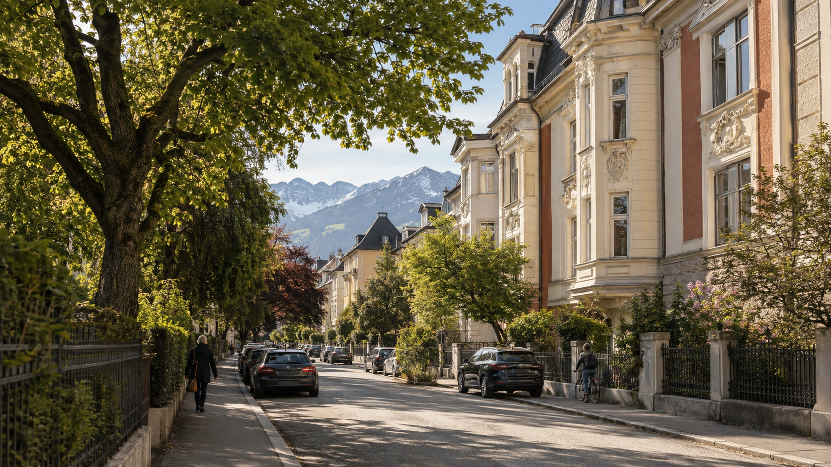 Leafy Saggen street with elegant villas and calm Innsbruck atmosphere