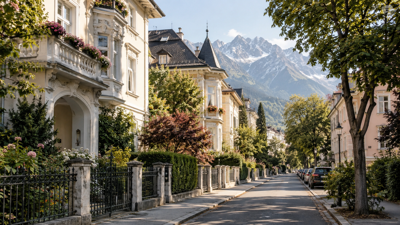 Elegant Innsbruck Saggen architecture and tree-lined street scene