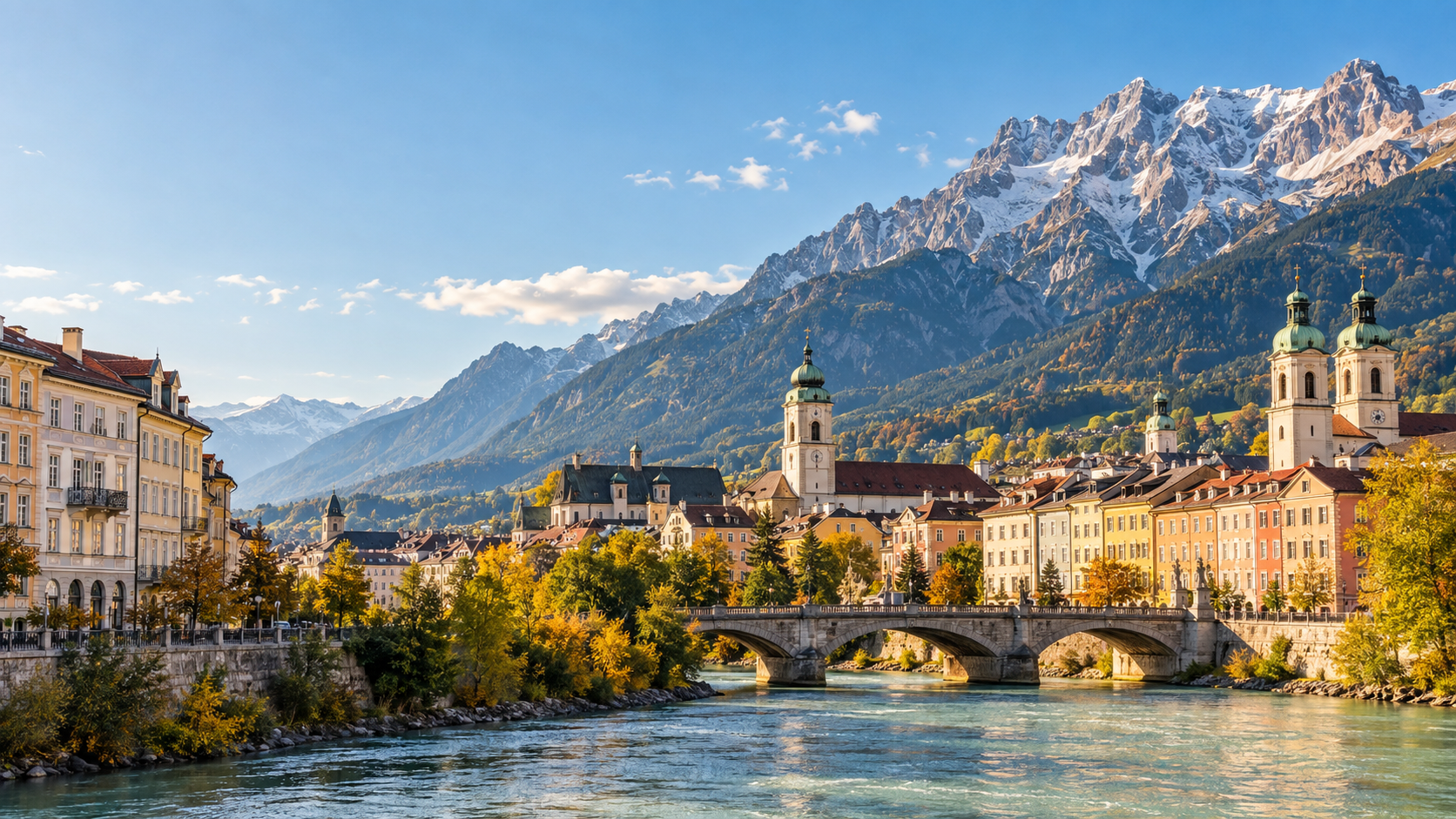 Innsbruck old town with the Nordkette mountains rising behind the city