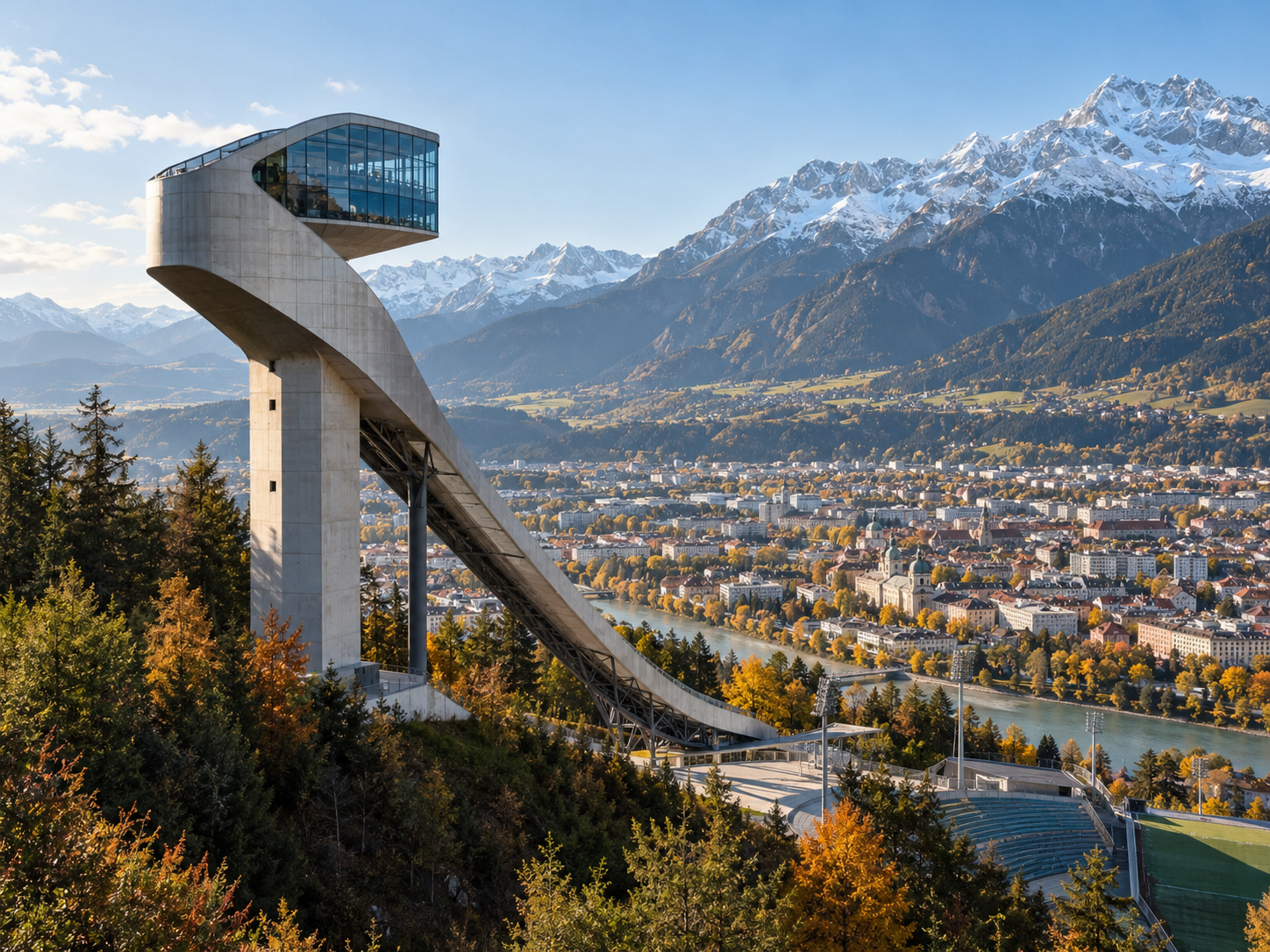 Bergisel ski jump overlooking Innsbruck and the mountains