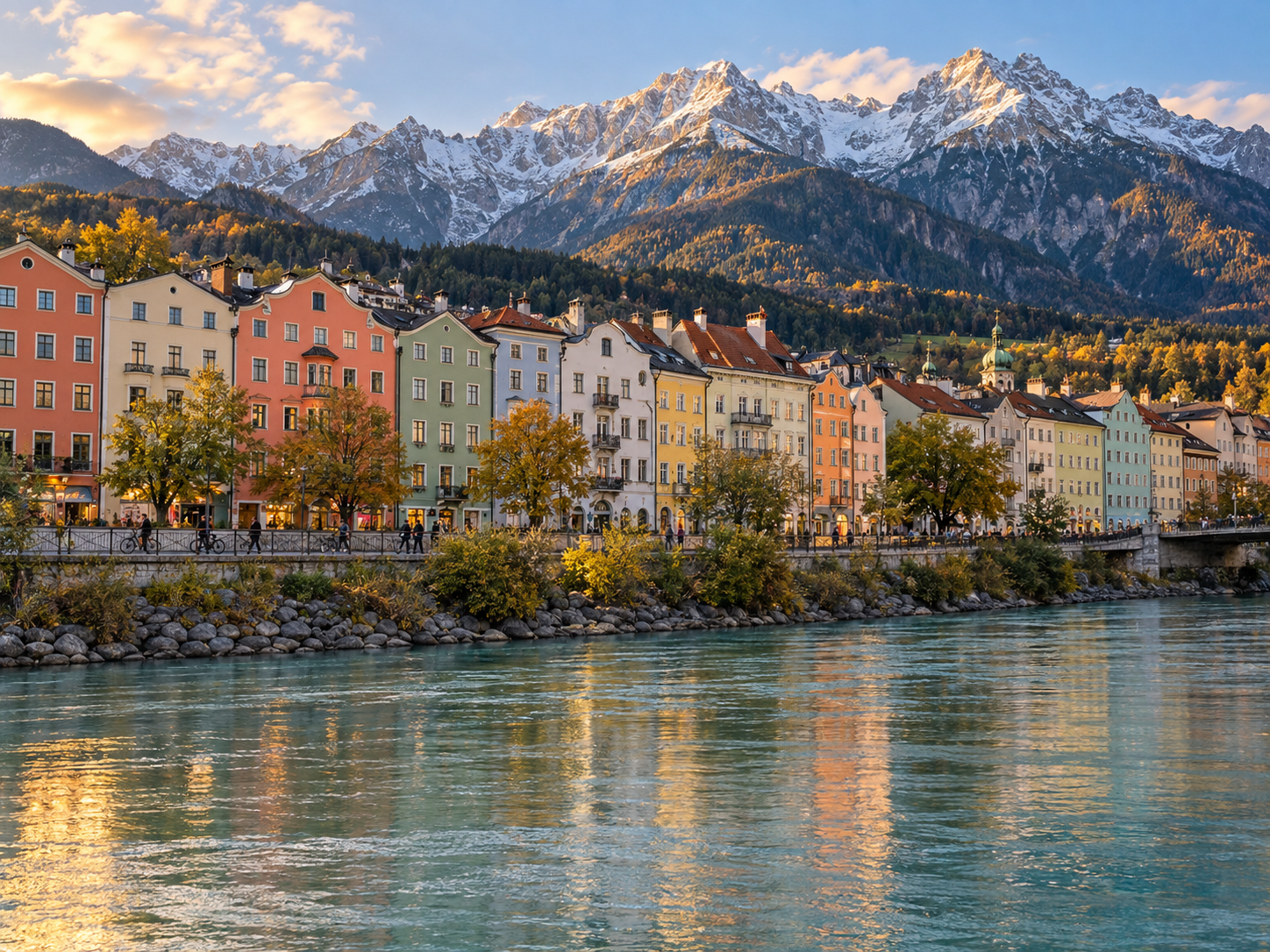 Colourful houses beside the River Inn with mountains in the background