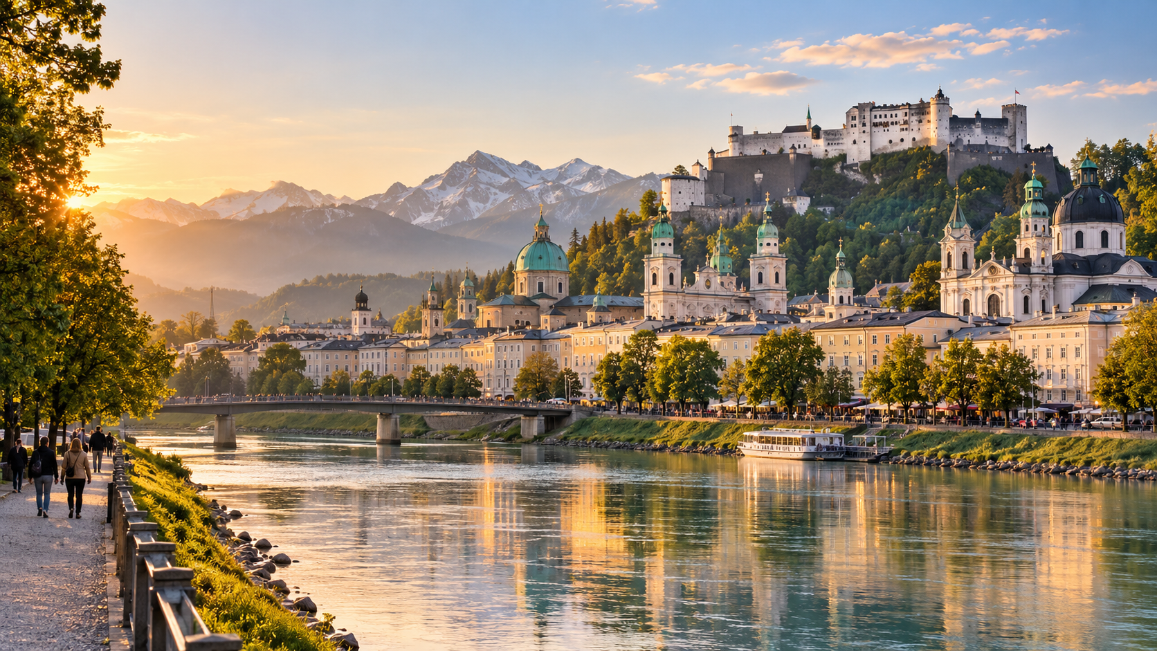 Salzburg Old Town and Hohensalzburg Fortress beside the Salzach River