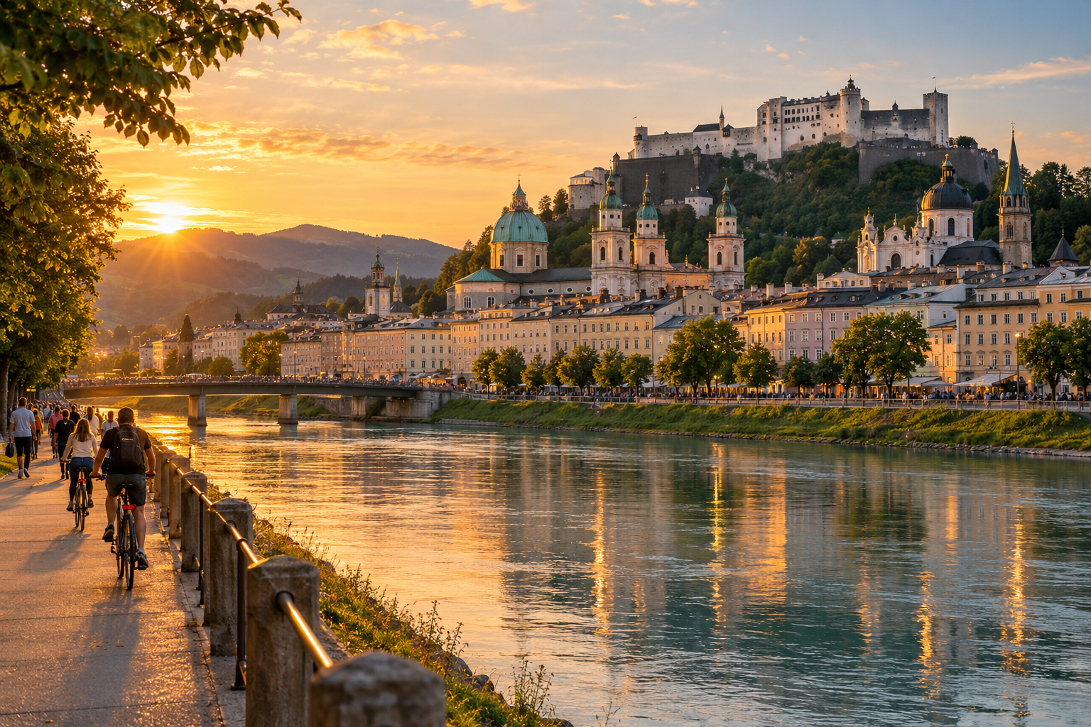 Salzach River and Salzburg Old Town at golden hour