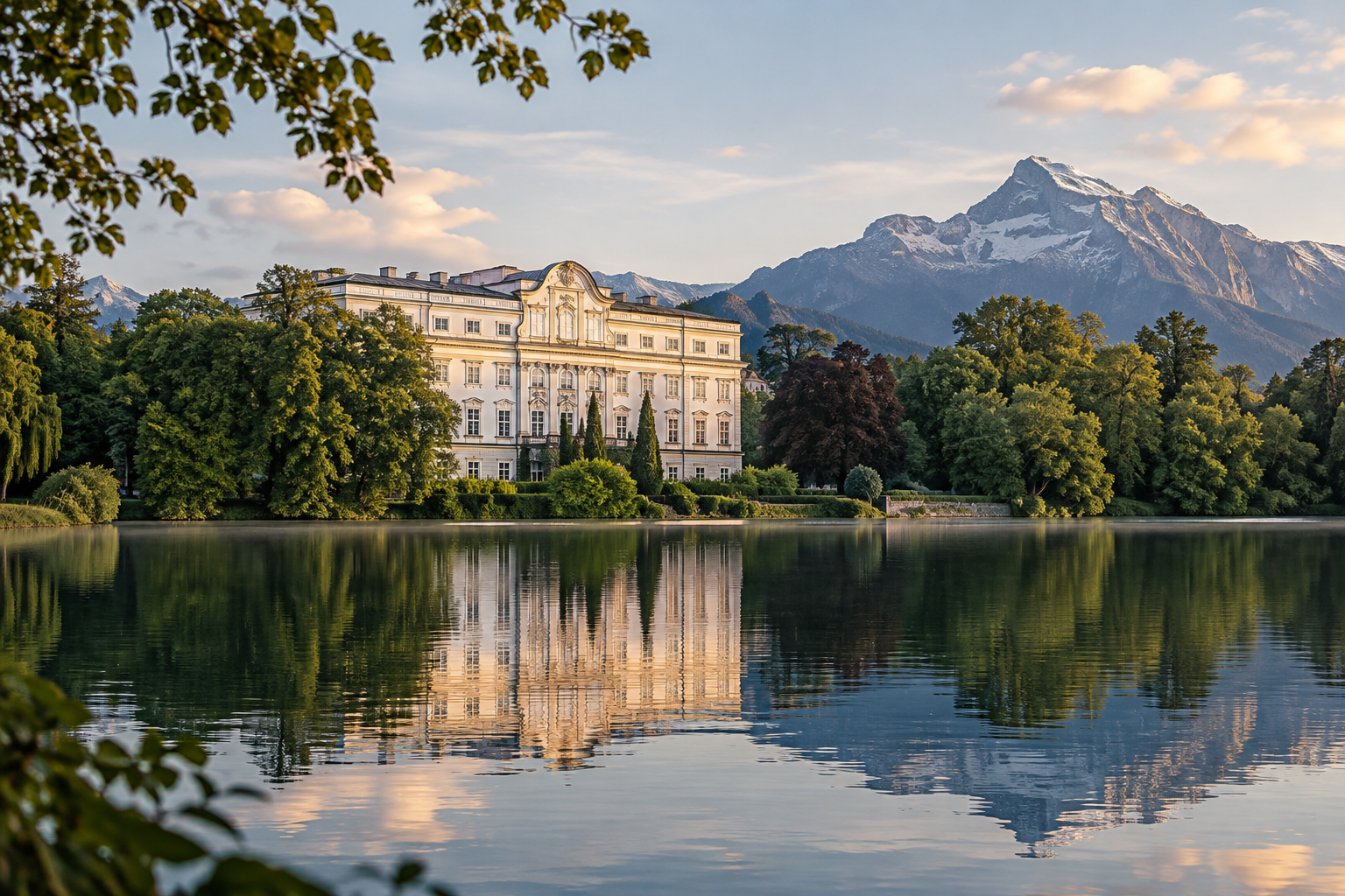 Cinematic view across Leopoldskroner Weiher toward Schloss Leopoldskron