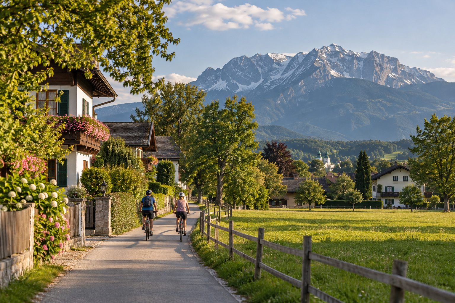 Quiet lane in Leopoldskron-Moos with mountain views
