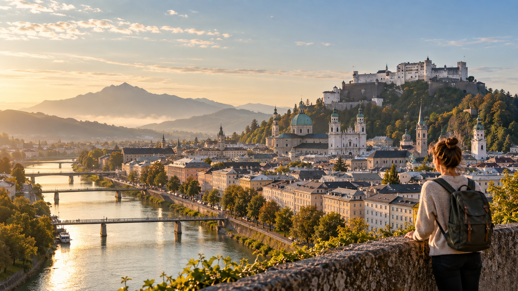Budget traveler overlooking Salzburg Old Town and Hohensalzburg Fortress