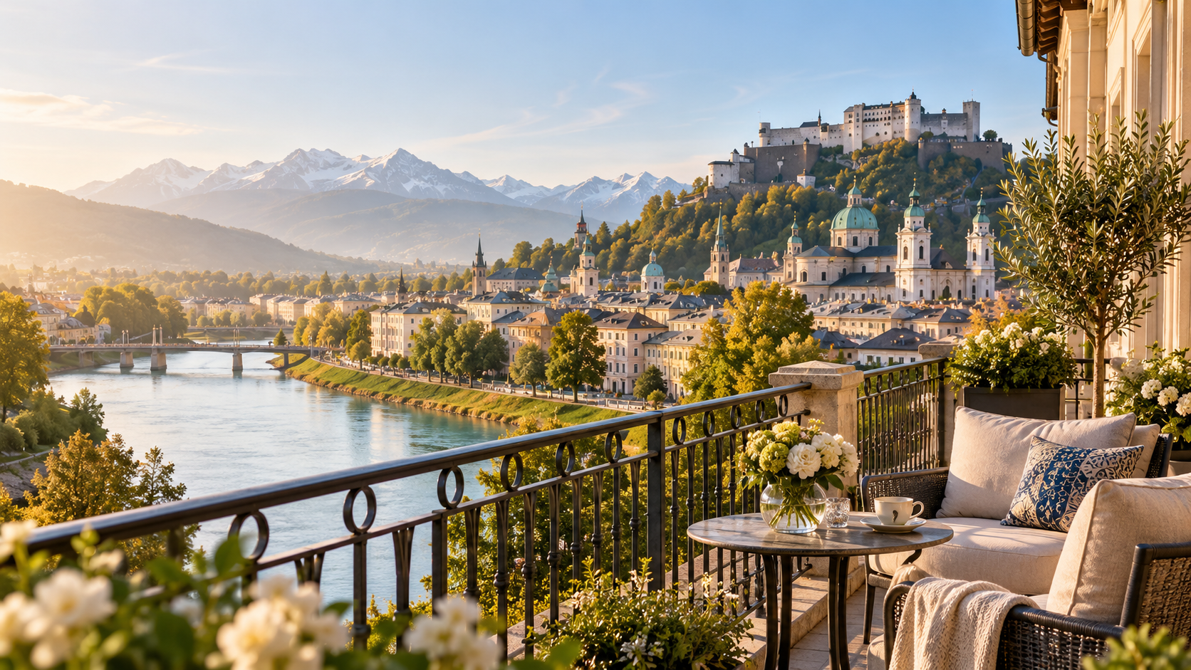 Hotel balcony overlooking Salzburg Old Town and Hohensalzburg Fortress
